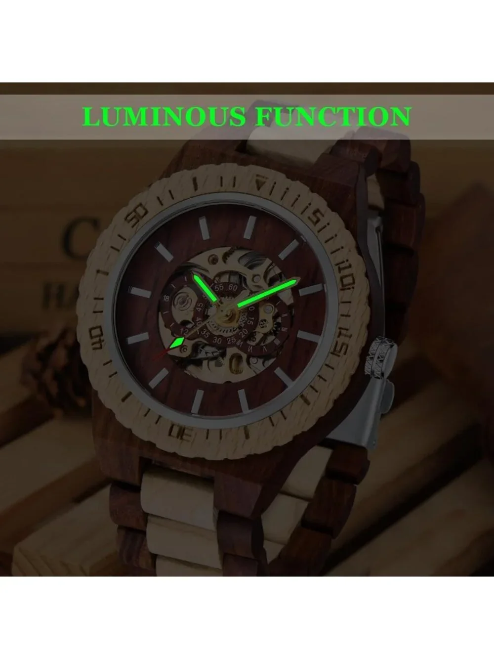 Men's Red And Beige Analog No Battery Fashion Mechanical Movement Wooden Watch